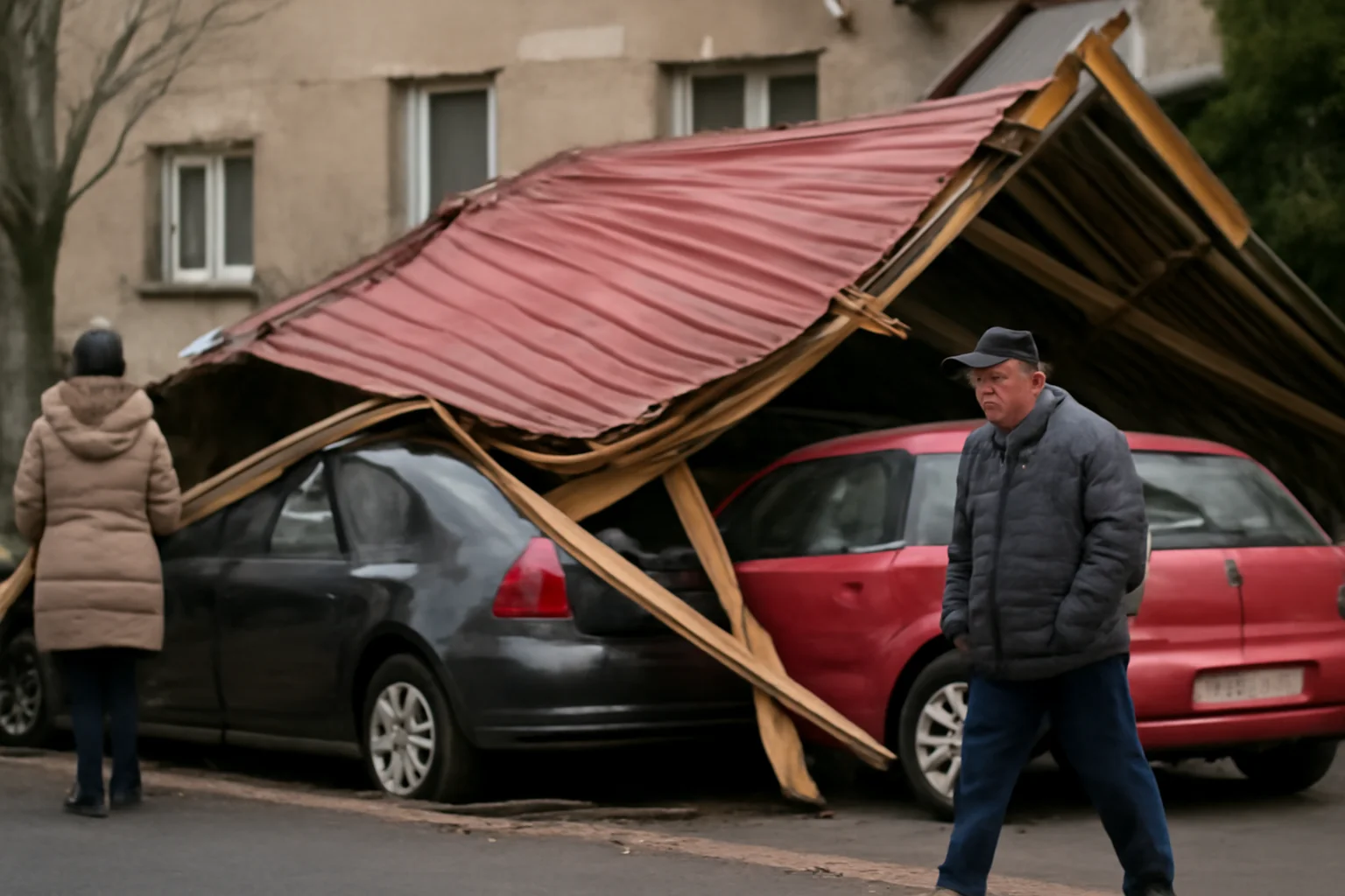 Acoperiș desprins de vânt și prăbușit peste mașini într-un cartier din Brașov
