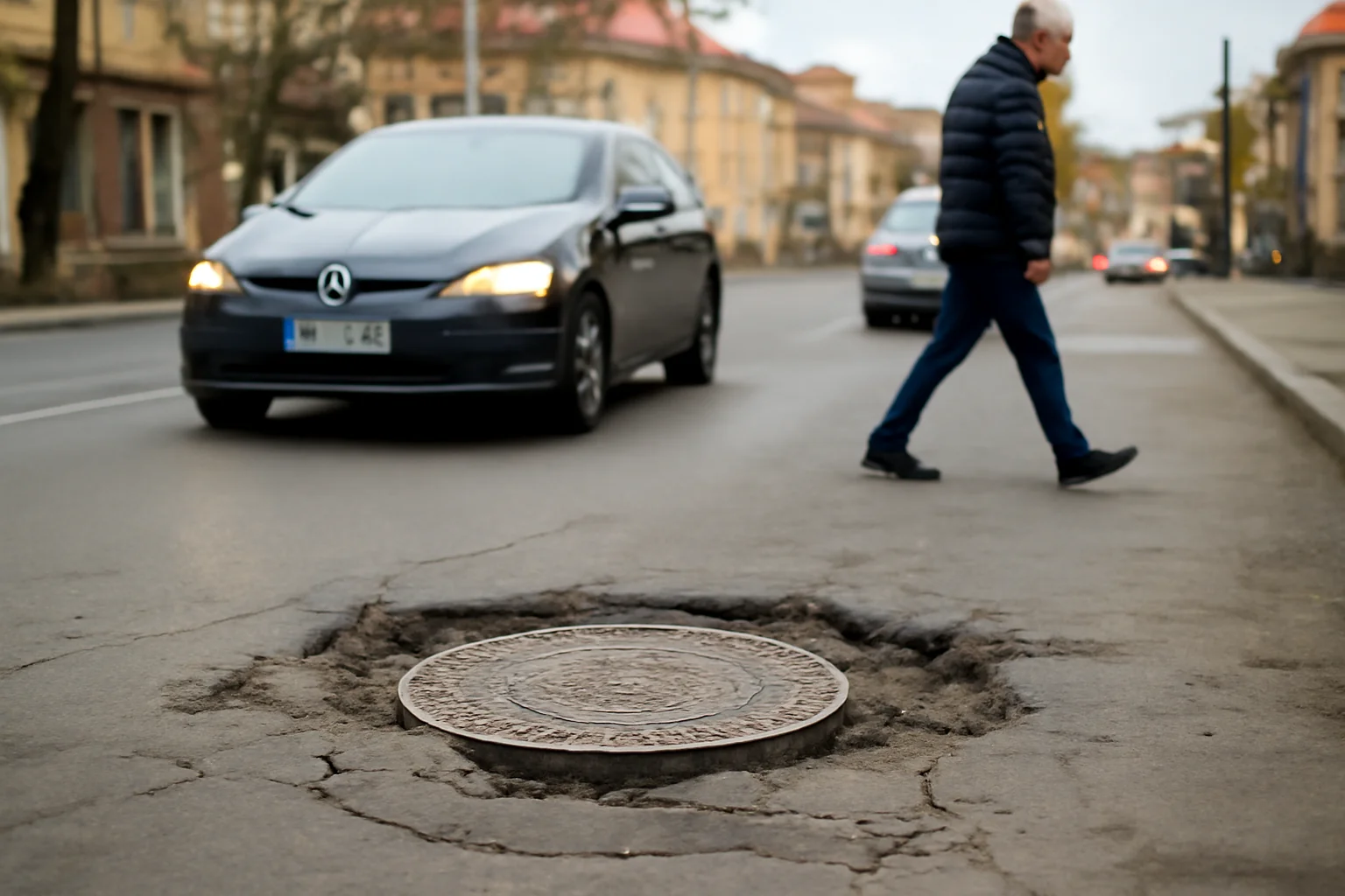 Capace de canalizare denivelate îngreunează traficul rutier în Brașov