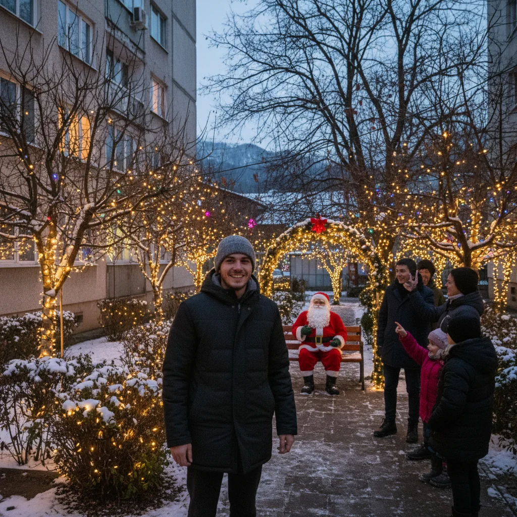 VIDEO Tânăr din Brașov transformă fațada blocului cu sute de luminițe și Moș Crăciun pentru sărbătorile de iarnă